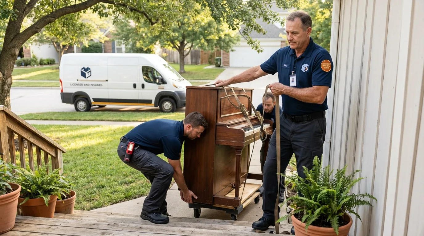 Licensed piano movers securing grand piano in Monroe City, MO