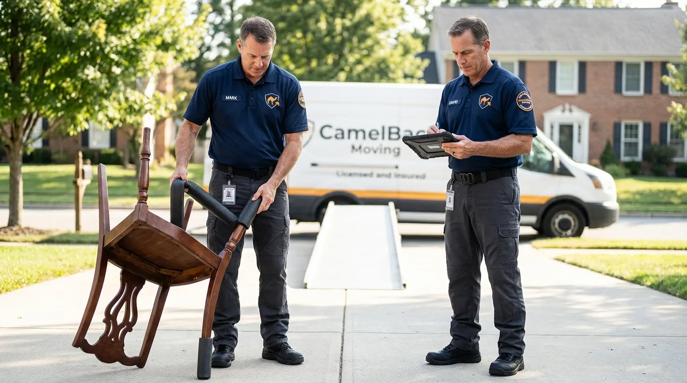 Movers inspecting furniture for damage prevention before loading in Monroe City, MO