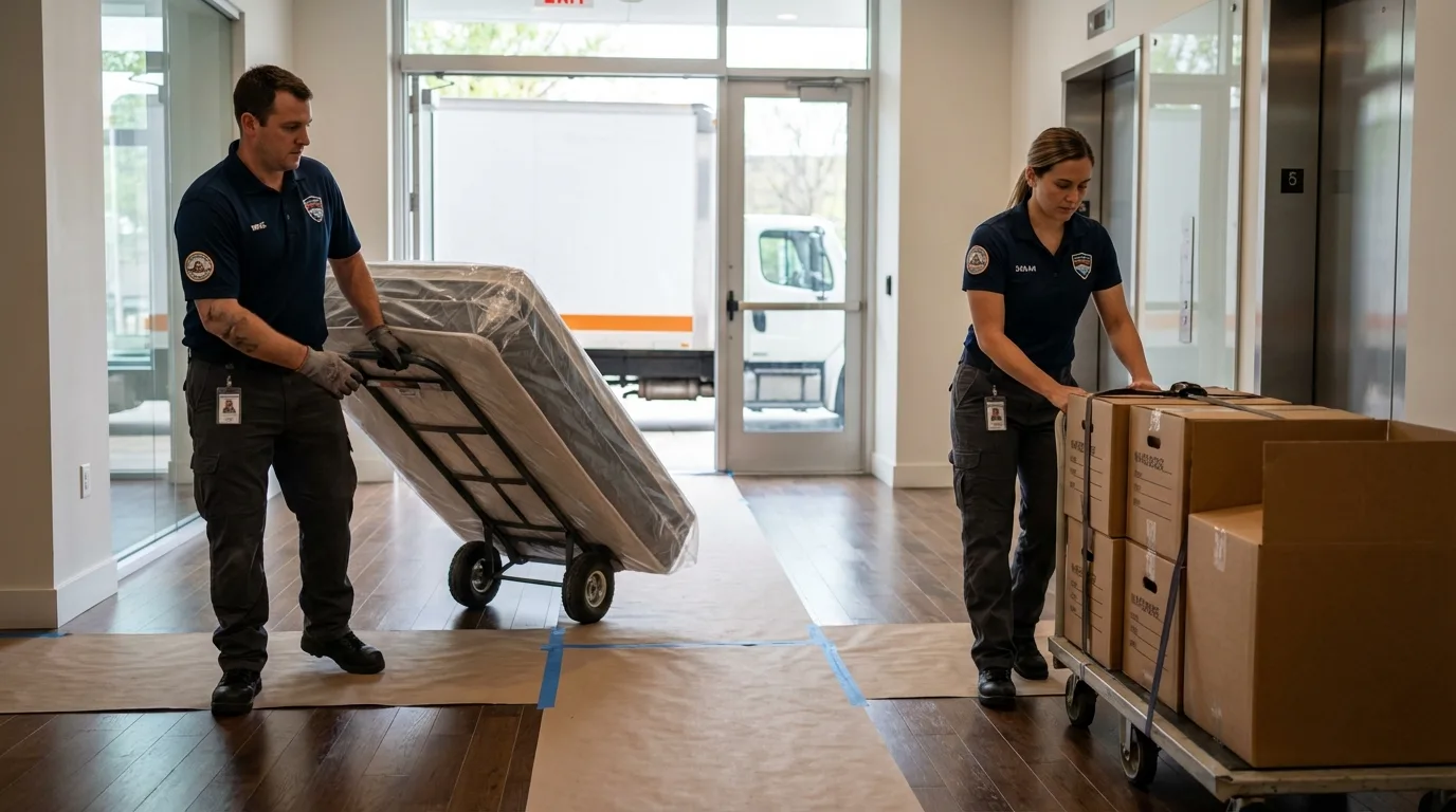 Professional apartment movers loading elevator in Monroe City, MO