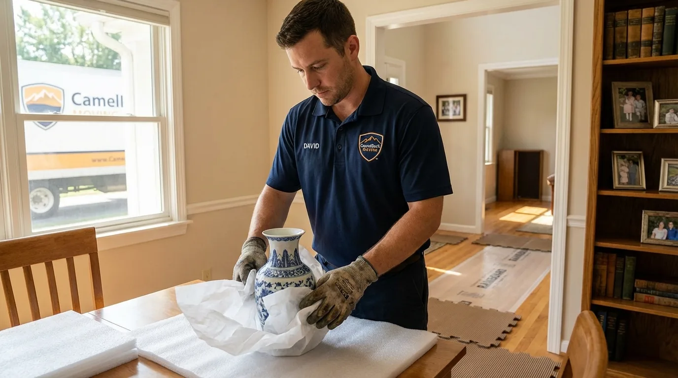 Professional crew carefully wrapping antique vase for senior downsizing move in Monroe City, MO